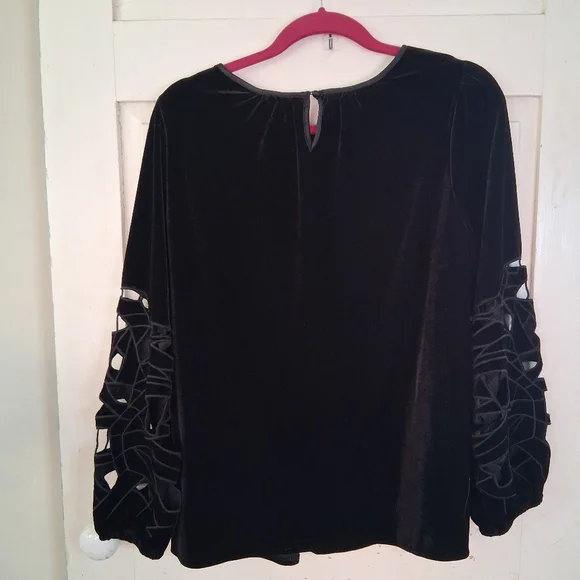 Joie Elegant Black Velvet Blouse with Unique Cutout Sleeves Size L - Picture 15 of 15
